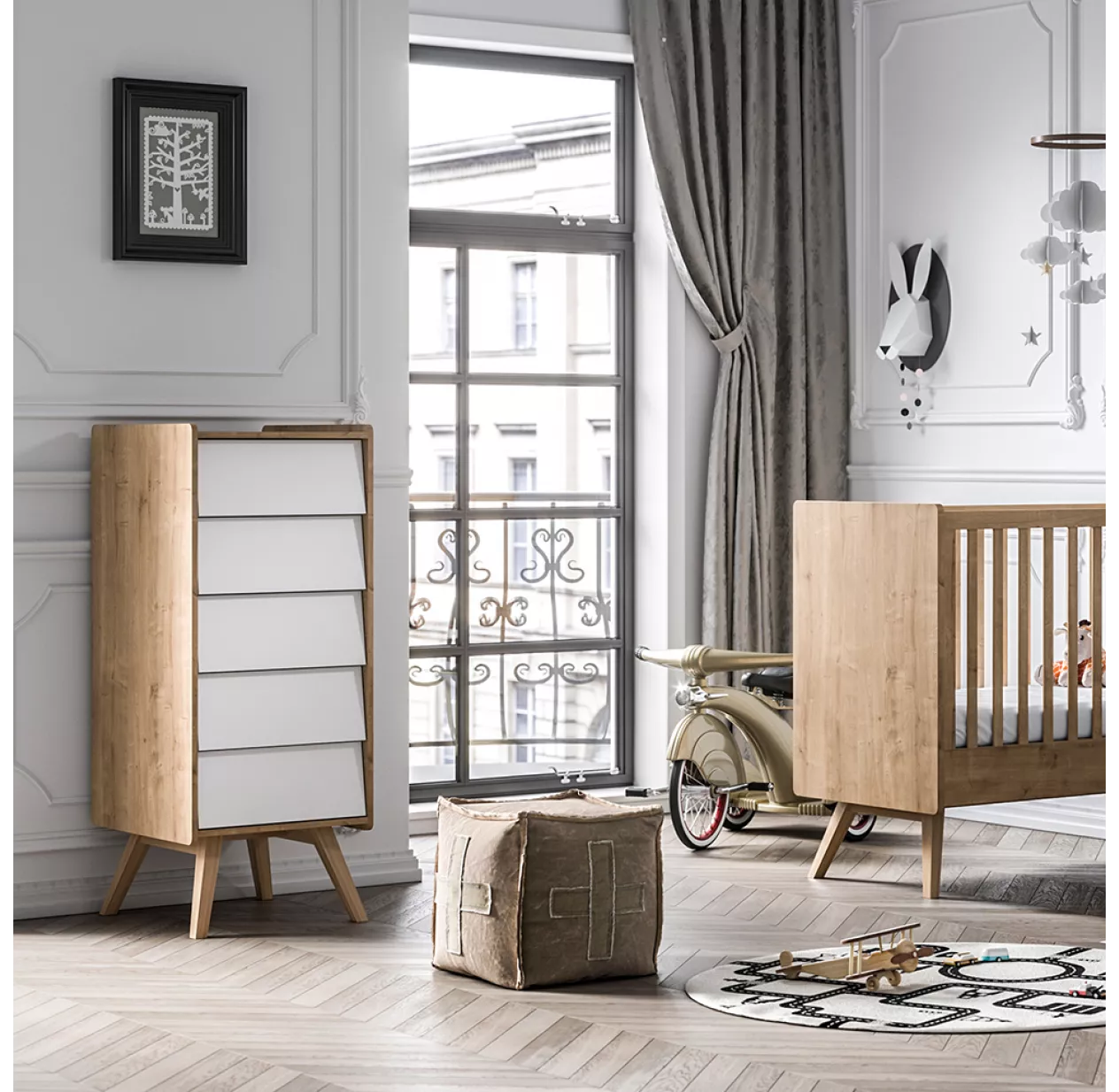 VOX Chiffonnier 5 Tiroirs Vintage - ChĂȘne/Blanc â Image 2