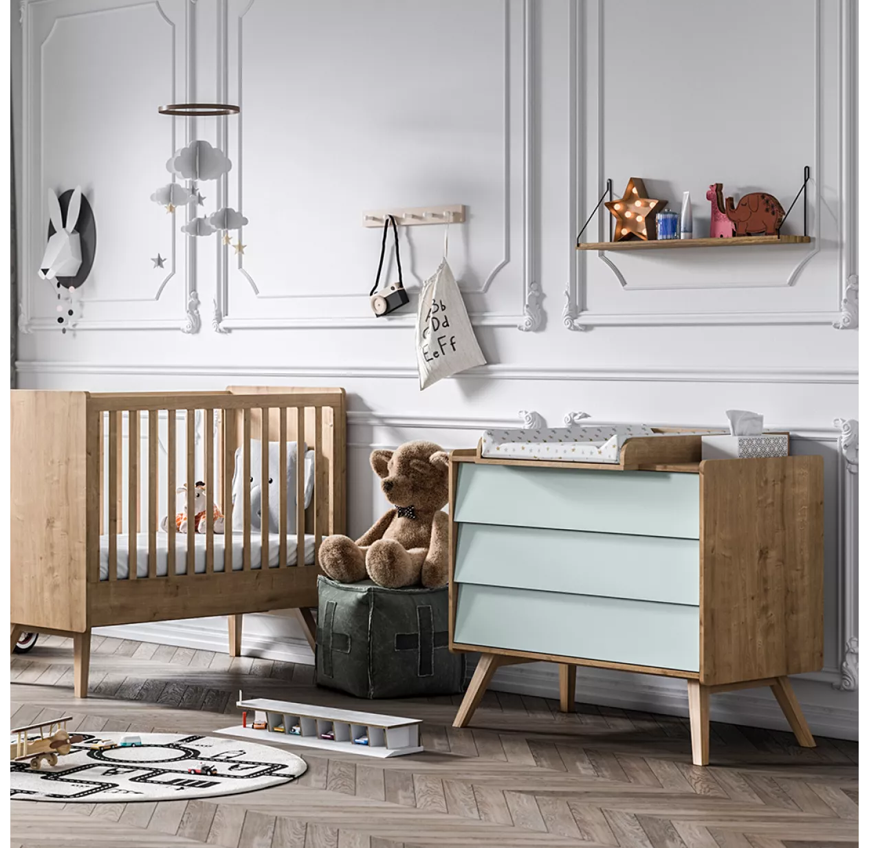 VOX Commode 3 Tiroirs à Langer Vintage - Chêne/Vert – Image 3