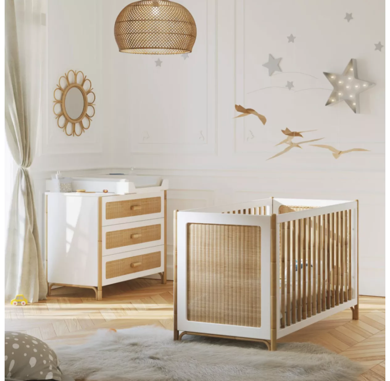 Theo Lit Bébé évolutif Cèdre Et Rotin Océania 60x120cm - Blanc – Image 2