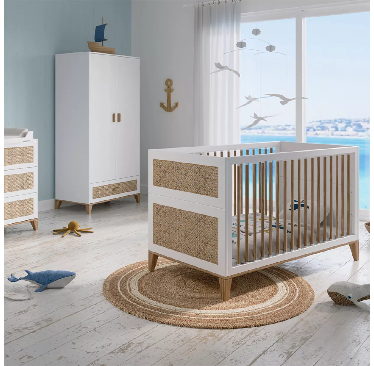 Theo Lit Bébé évolutif Bois Et Cannage Rotin Nami 70x140cm - Blanc – Image 2